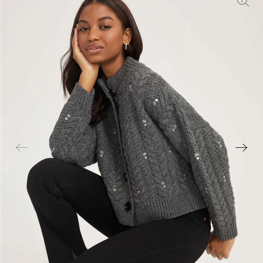 Something Navy Embroidered Cable Knit Cardigan sz XS Grey